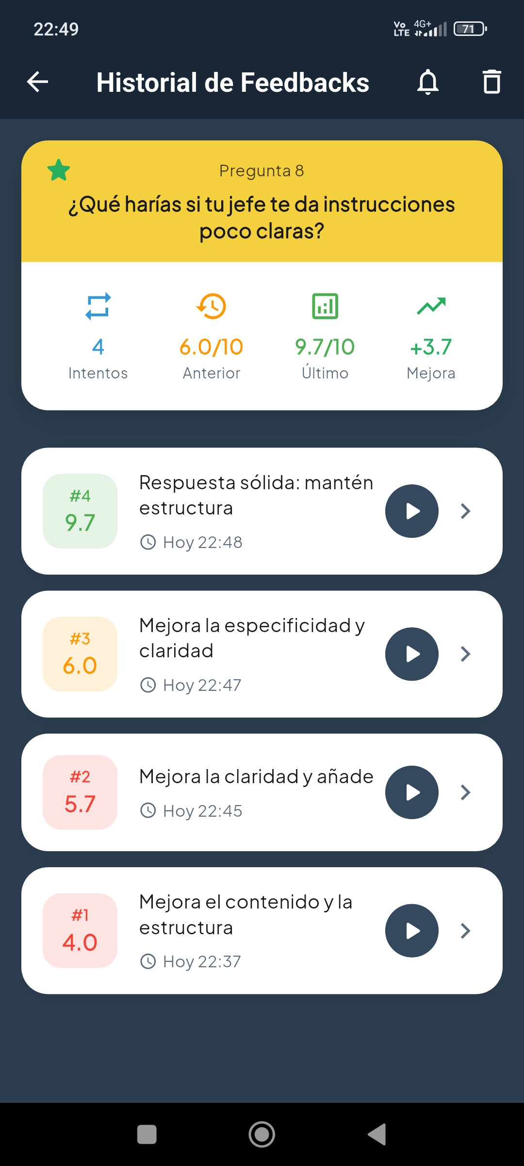 Historial de avance en Piro